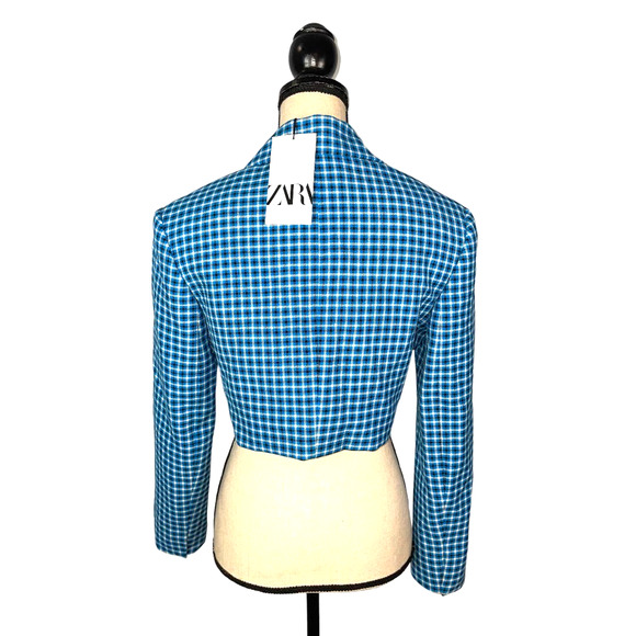 NWT  ZARA Blue Black Checked Cropped Blazer Jacket        Size:  XS - Picture 4 of 5